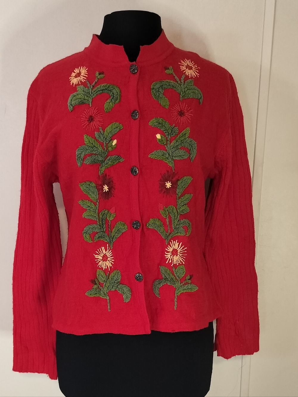 April Cornell Red Embroidered Floral Button-Front Cardigan
